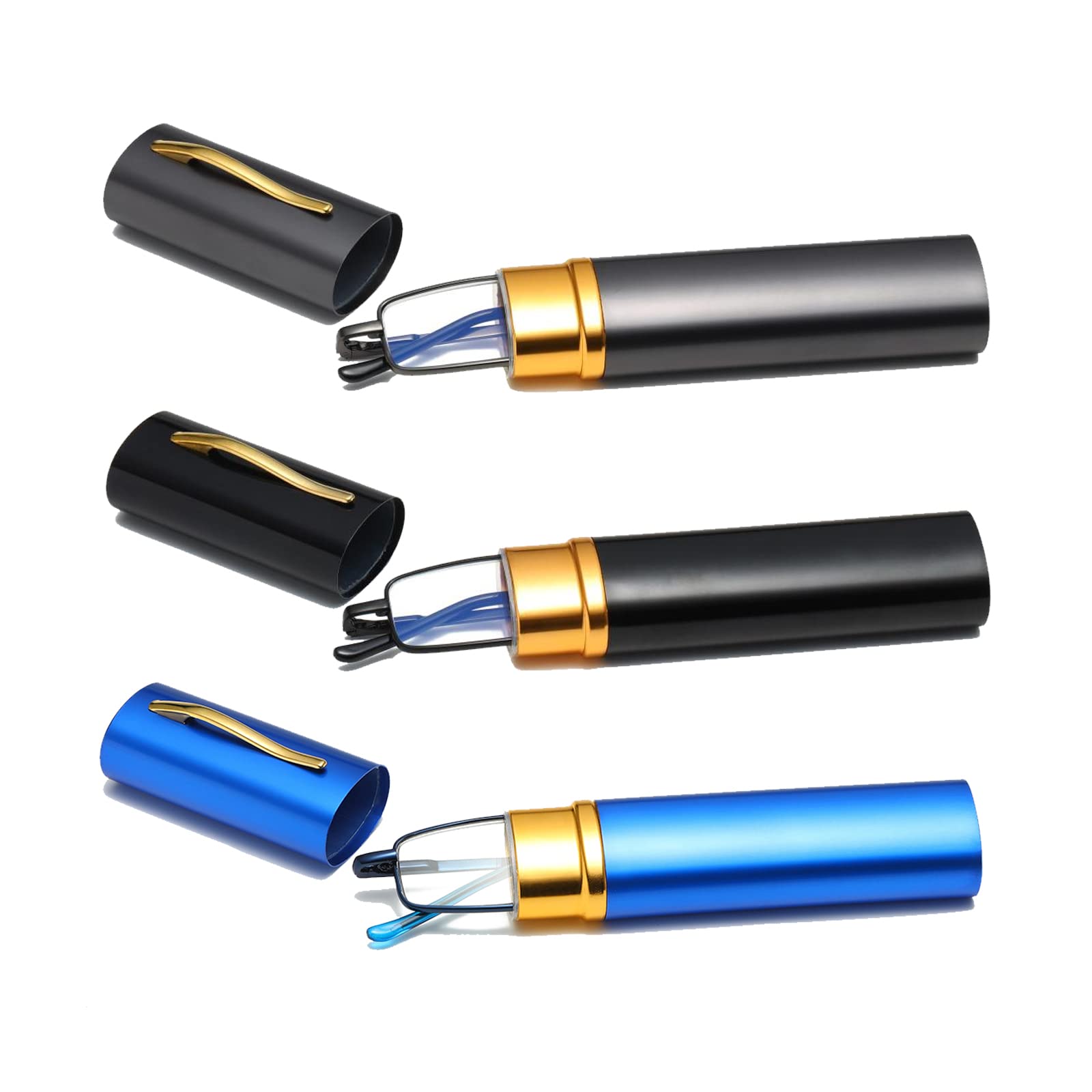Hubeye 3 Pairs Slim Pen Reading Glasses Tube Reader Glasses Men Women Anti Blue Light Small Reader Spring Hinged Eyeglasses with Portable Clip Case 1.00
