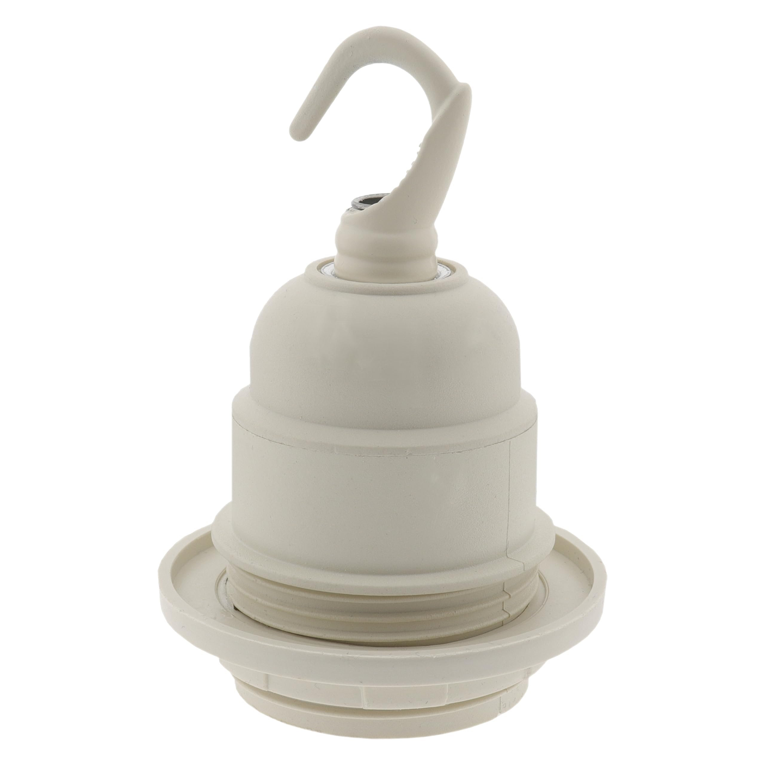 Edison Screw (E27 / ES) Lampholder (Light Bulb Socket) in White Thermoset Plastic (Bakelite) with Shade Ring and Deco Styled Chain Hook