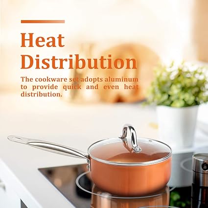 Shineuri 9 Pieces Copper Cookware Pans And Pots Set 8 Inch Fry Pan 1 5qt Saucepan And 2 5 Qt Saucepan With Lid 4 Set Cooking Utensils Perfect For Stir Fry Grill