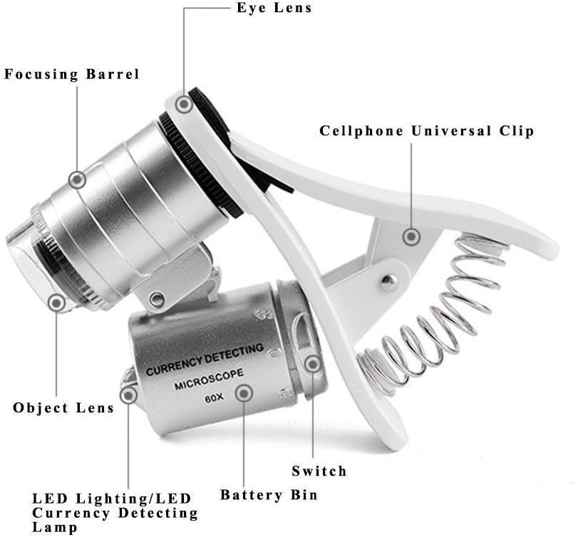 HNYM Universal Mini Mobile Phone Clip-On 60X Microscope with Zoom, UV LED and Micro Lens for Smartphones iPhone, Samsung, HTC - Image 5