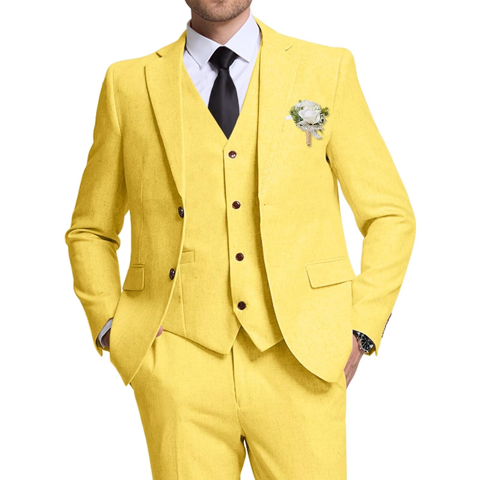 Men's 3 Piece Linen Suit Slim Fit Summer Beach