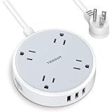 Power Strip with 3 USB Ports, TESSAN 4 Wide Spaced Outlet Flat Plug Extension Cord, Small Round Desk Charging Hub Station, 4.
