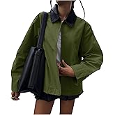 COZYPOIN Womens Lightweight Jacket Contrast PU Leather Zip Up Utility Cargo Barn Coat Fall Canvas Outwear with Pockets