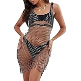 Women’s Mesh See through Rhinestone Fishnet Skirts Beach Wrap Bikini Hollow Out Swimsuit Cover Up for Swimwea Clubwear
