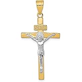 14k Real Gold Crucifix Cross Pendant for Men and Women INRI Latin Catholic Necklace in Two Tone White and Yellow Gold Spiritual Faith Jewelry Christian Religious Symbol High Polish Jesus Charm