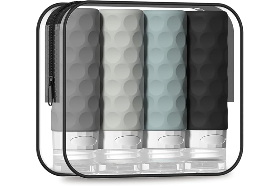 Silevoler Travel Bottles for Toiletries, 4pcs Tsa Approved 3oz Travel Size Containers, BPA Free Leak Proof Premium Silicone Bottles, Refillable Liquid Squeezable Accessories W/Toiletry Bag