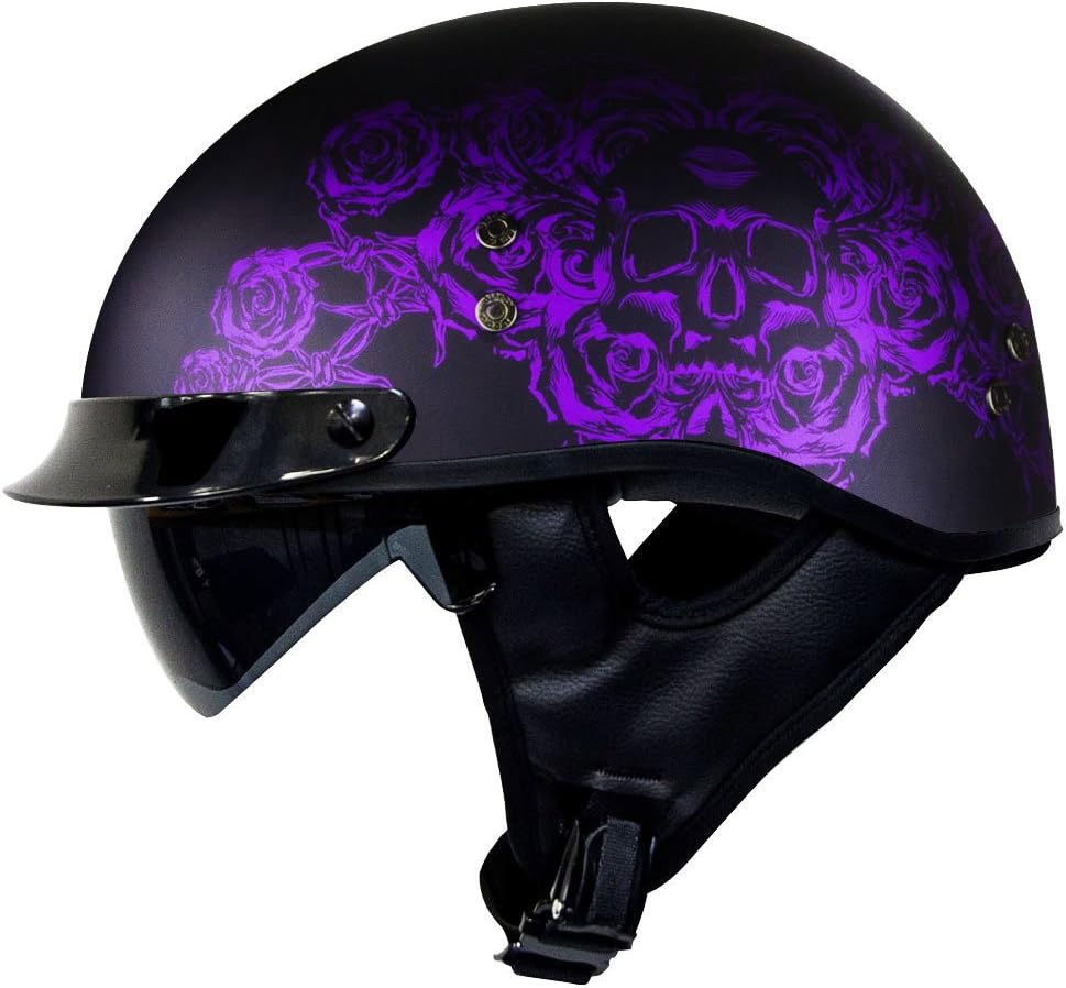 Voss 888FRP Matte Black Skull and Rose Bullet Cruiser Half Helmet with Integrated Sun Lens and Metal Quick Release - XS - Matte Purple/Black