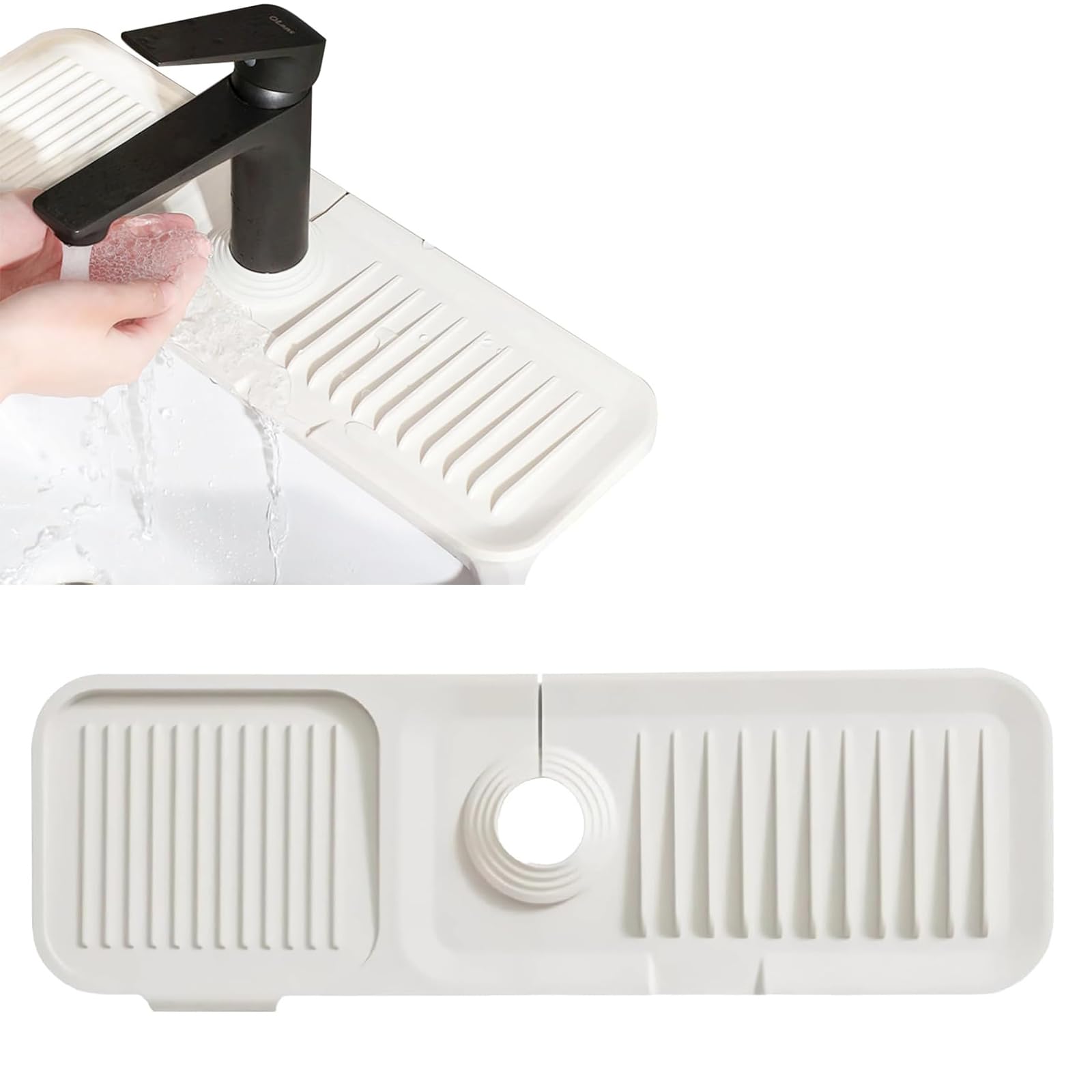 Onezebra 45x14cm Sink Splash Guard, Kitchen Sink Splash Guard, Silicone Faucet Mat for 3.5-6cm Faucets, Drip Catcher Tray for Kitchen and Bathroom, Waterproof Faucet Draining Pad (Beige)