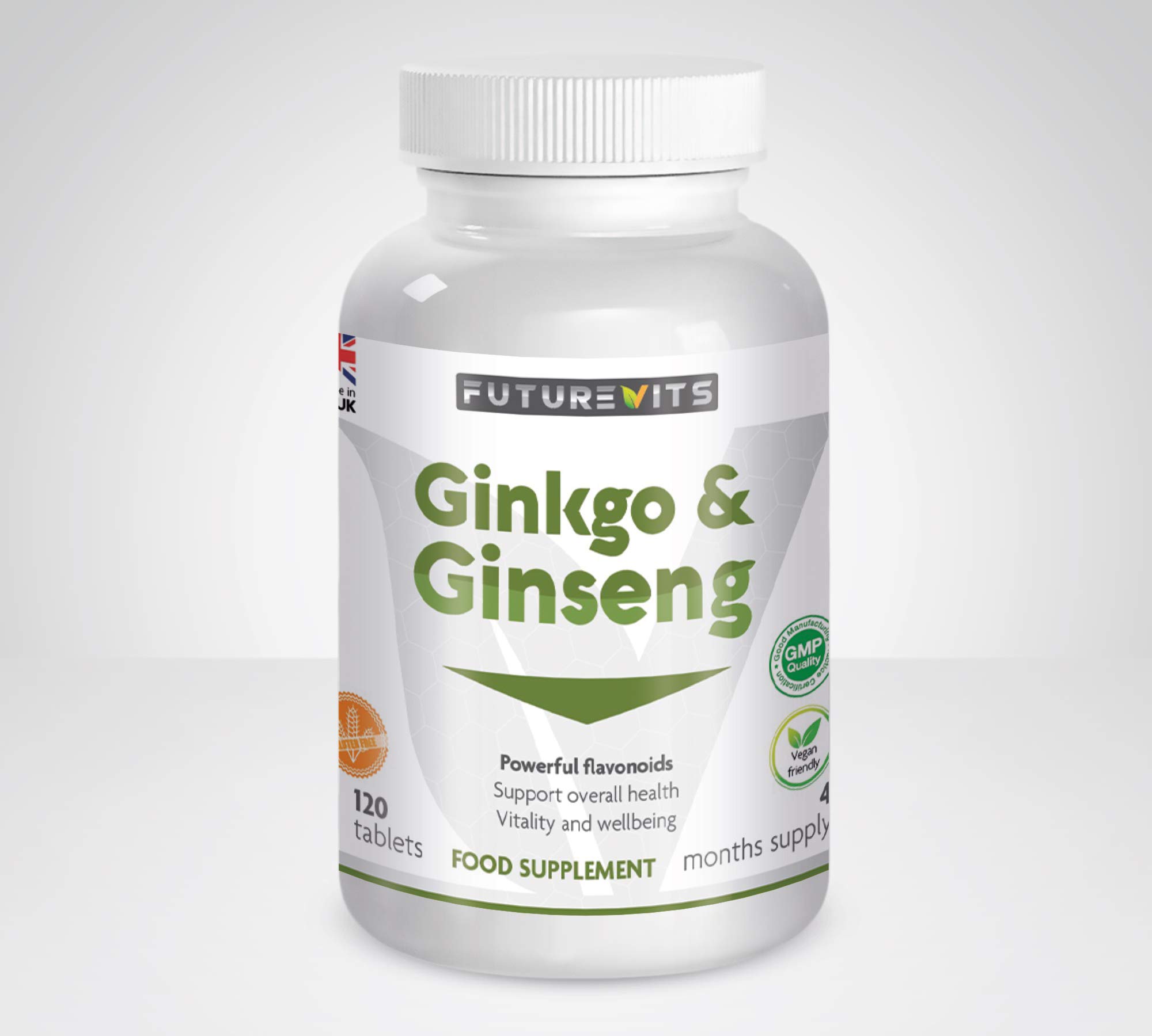 Ginkgo Biloba and Siberian Ginseng, Standardised Ginkgo 6000mg and Ginseng 600mg 120 Vegan Tablets Made in UK Futurevits 4 Month Supply.