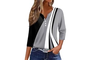 Kenvina Spring Tops for Women 2024 3/4 Length Sleeve Button V- Neck Shirt Vintage Printed Tunic Top Casual Dressy Blouses