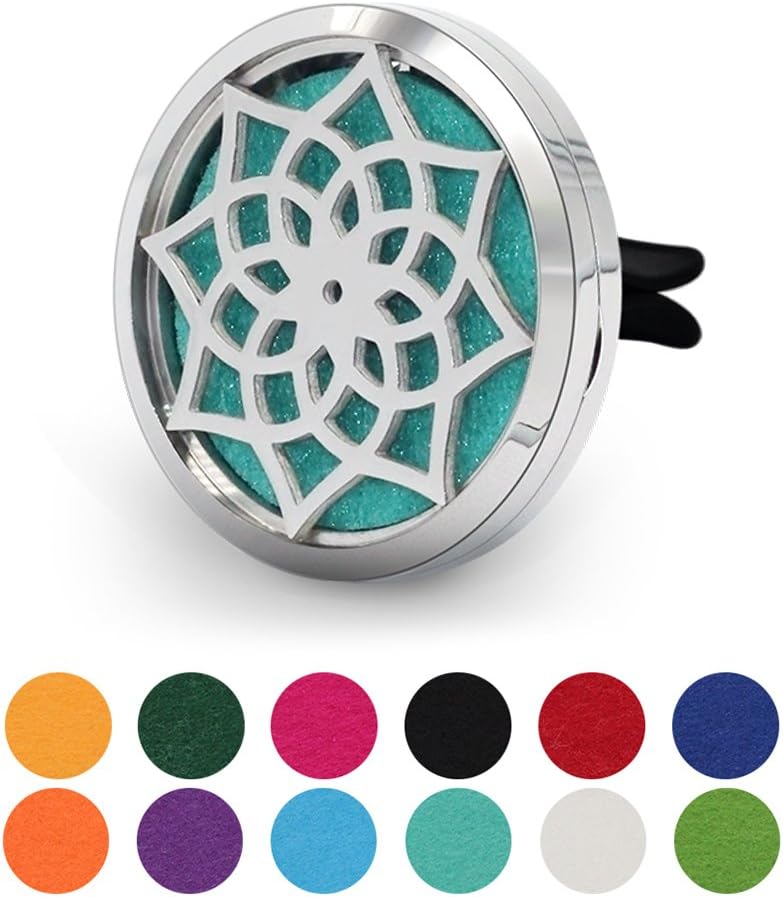 COOHAA Flower 38mm Car Aromatherapy Essential Oil Diffuser Stainless Steel Locket Air Freshener with Vent Clip 12 Felt Pads