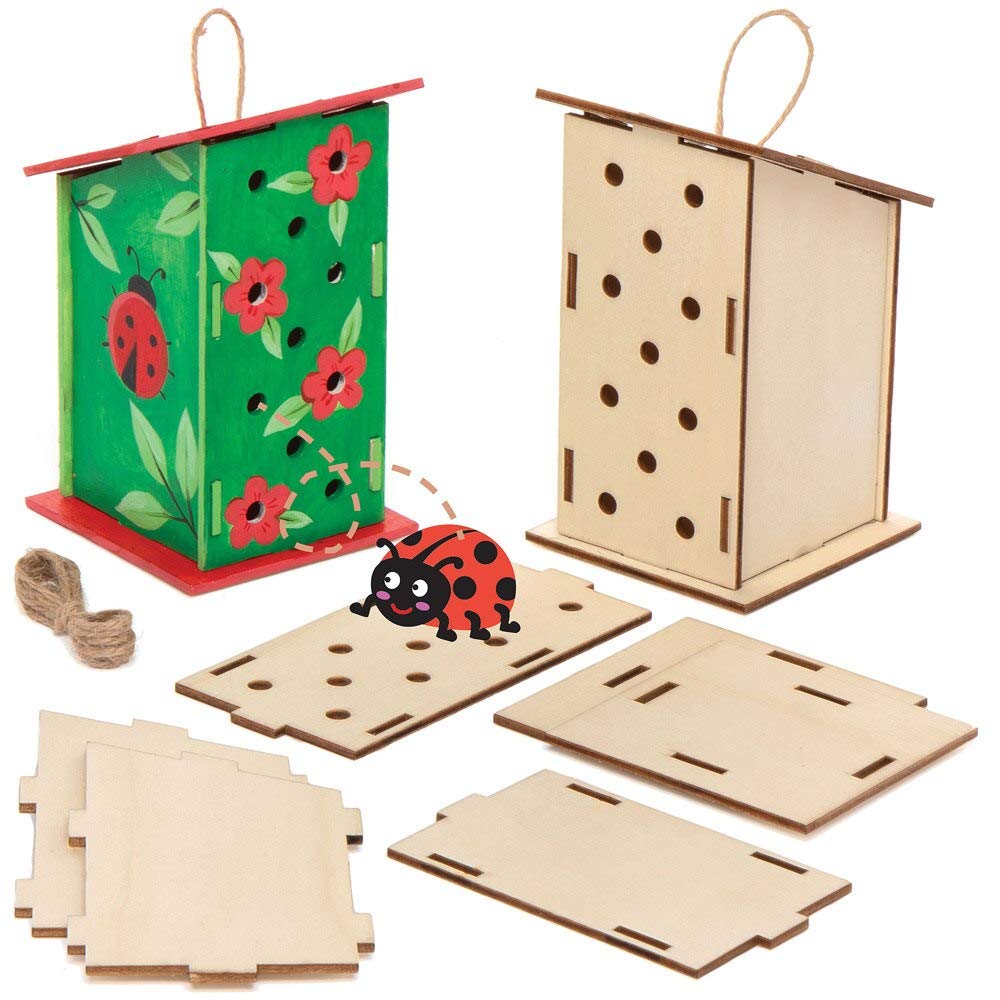 Baker Ross AT884 Wooden Ladybird House Kits - Pack of 2, For Kids Arts and Crafts Projects, Green