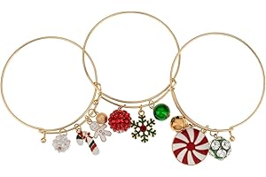 Madison Tyler Christmas Charms 3 PCS Bangle Bracelet Set Gold Plated | Christmas Charms Cheer Shiny Jewelry for Women | Holiday Gifts for Kids and Grils.