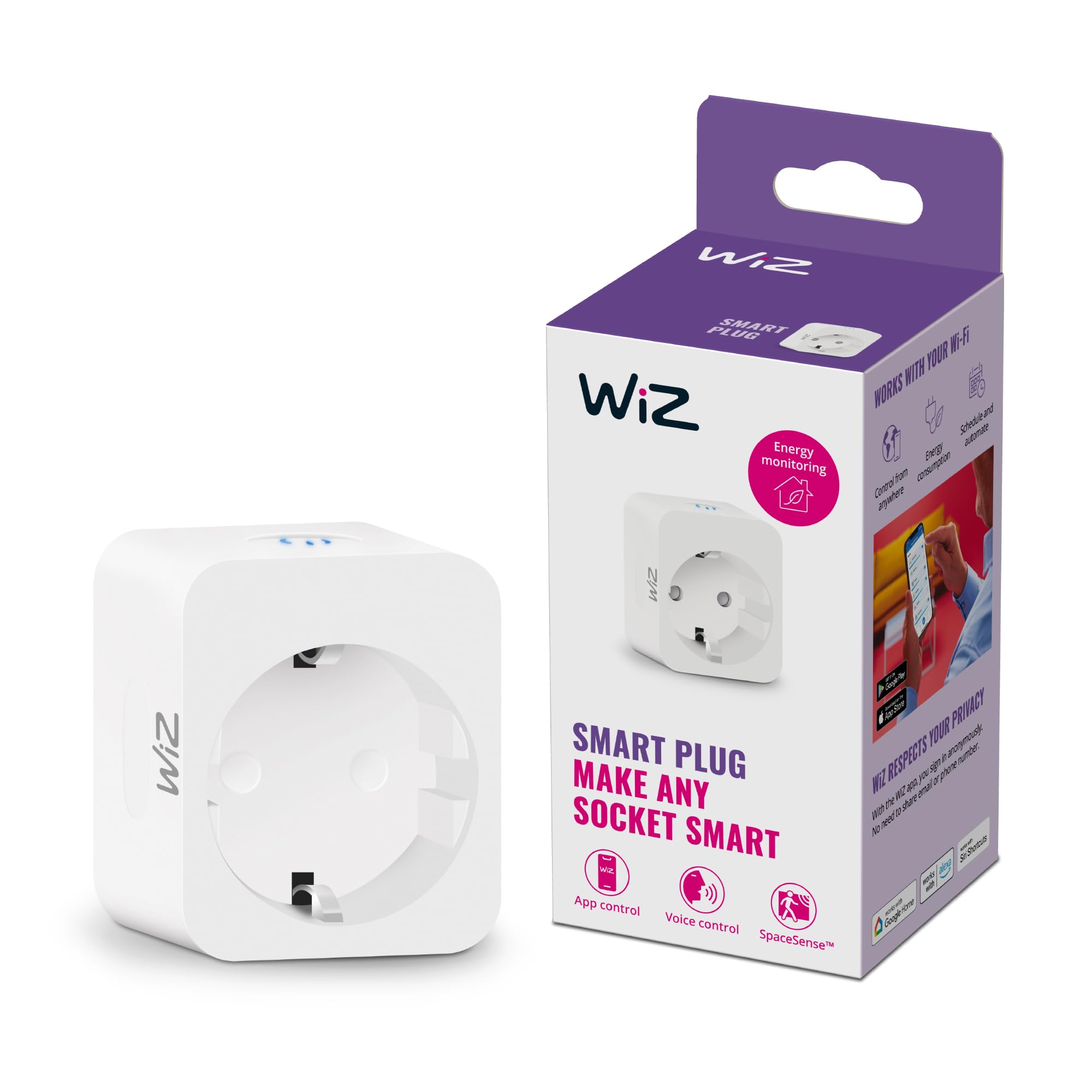 WiZ Smart Plug, Typ F, 230 V, einfache Einrichtung, Standardstecker, intelligente Steuerung, Sprachbefehle, mit Leistungsmesser, 1er-Pack