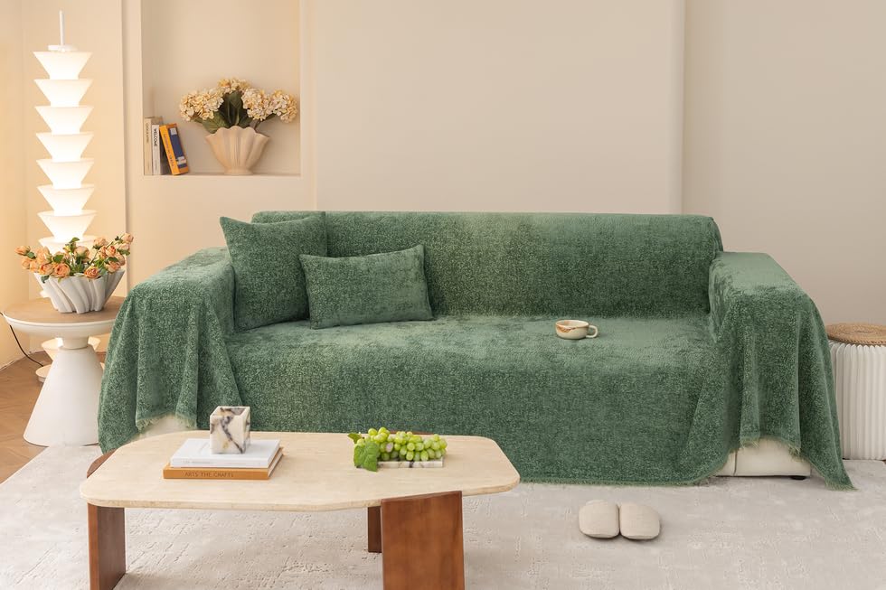 AMWAN Large Universal 3 Cushions Green Sofa Cover Slub Chenille Aesthetic Couch Cover for Living Room Durable Slipcover for Dogs,Cats,L Shaped Sofa,Multifunctional Furniture Cover, 71″x150″
