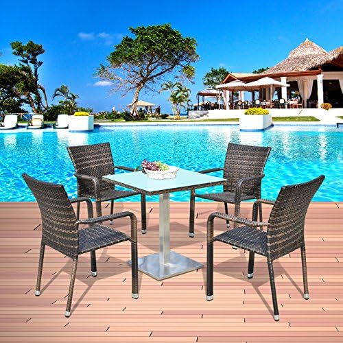 Purenity 5 Pieces Outdoor Dining Set Garden Dining Table and 4 Rattan Chairs Patio Furniture Set (Stainless Steel)