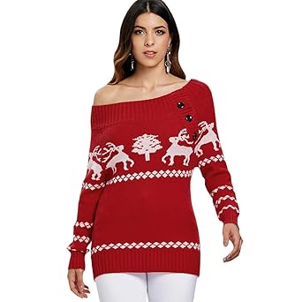 PASSOSIE Frau Weihnachten Pullover Trägerlos Sexy Elegant Trägerloses Band Rentier-Muster Pullovermantel Herbst und Winter Mo