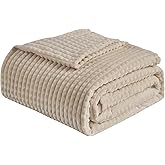 EMME Fleece Blanket Twin Size Luxury Flannel for Couch Bed Sofa Chair, Soft, Plush, Warm and Cozy Blanket with Geometric Grid Design (Beige, 60'' x 80'')