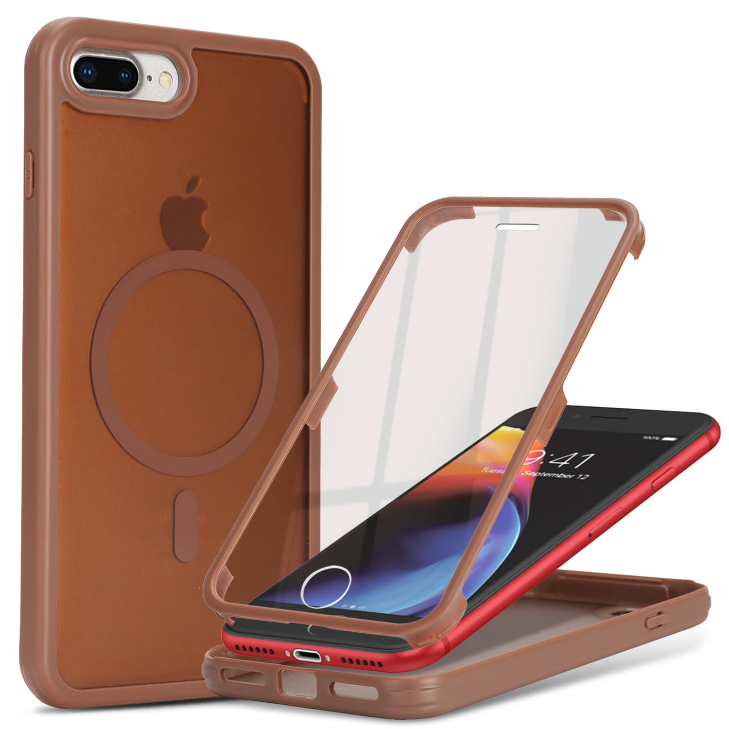CoozCase for iPhone 8 Plus Case with Built-in Screen Protector Anti-Scratch,for Apple iPhone 7 Pus Protective Phone Cases,Compatible with MagSafe for Men Women-Brown