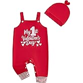 Karesoull Baby Boy Girl Valentines Romper Newborn Suspender Overall Jumpsuit Clothes with Hat My 1st Valentines Day Outfit