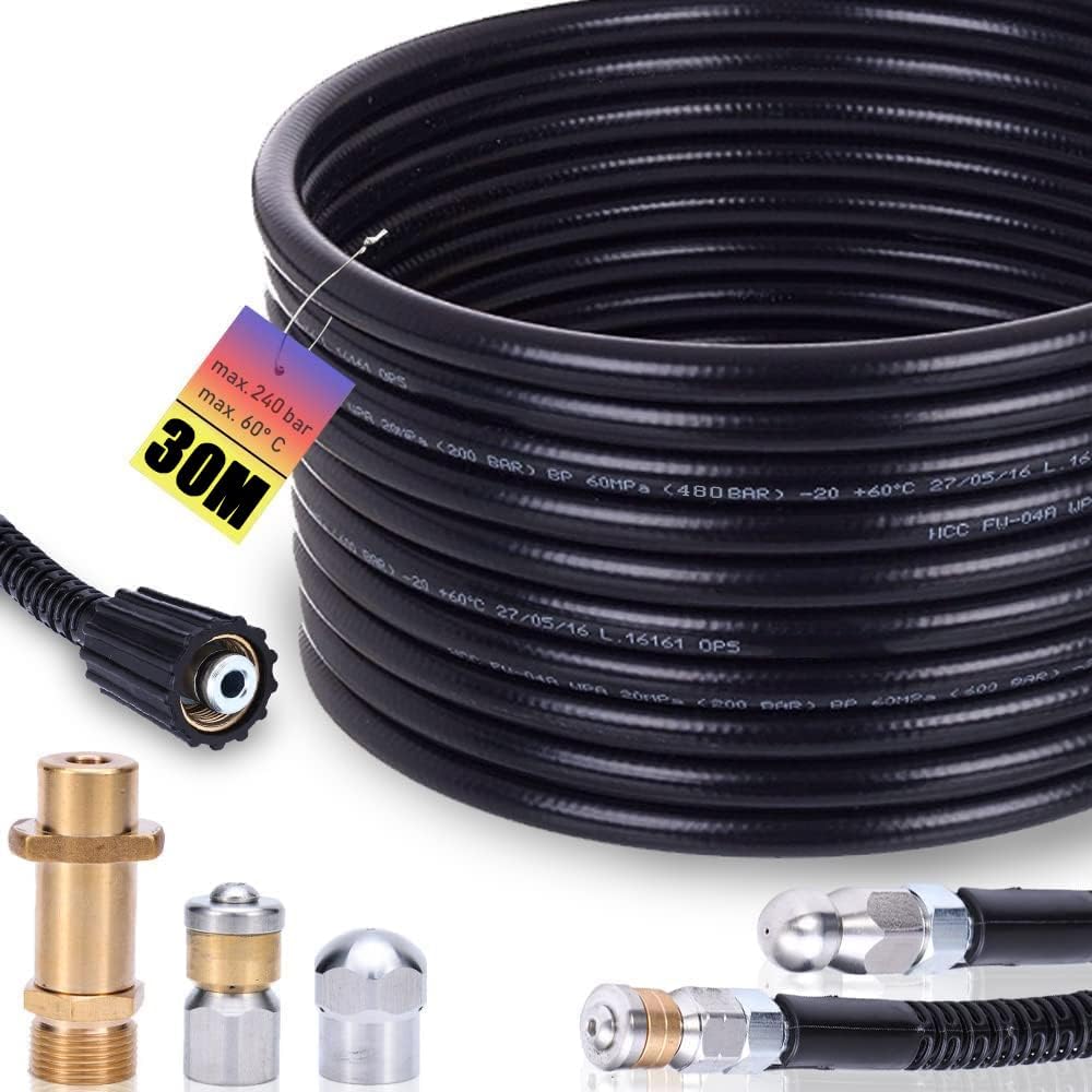 Pipe Cleaning Hose Set 30 m, 200 Bar Including M22 Adapter, Nozzles Rigid + Rotating for Kränzle Kärcher K2, K3, K4, K5, K6, K7 Pressure Washer Universal Pipe Cleaning Set High Pressure Hose