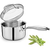 Cyrosa 2.0 Quart Saucepan with Lid, Stainless Steel Sauce Pot with Strainer Lid, Two Side Spouts for Easy Pour with Ergonomic Handle, Dishwasher Safe