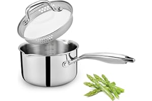 Cyrosa 2.5 Quart Saucepan with Strainer Lid, Stainless Steel Sauce Pot, Sauce Pan for Stove Top, Two Side Spouts for Easy Pou