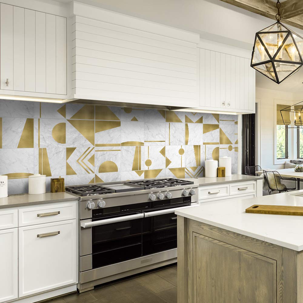 Floor Wall Tile Transfers Sticker for Home Decor, Peel & Stick self-Adhesive splashback, Tile Decals for Living Room Kitchen Bathroom Decor,15cmX15cmX 10 Pcs, Golden Geometric Marble Tile Sticker