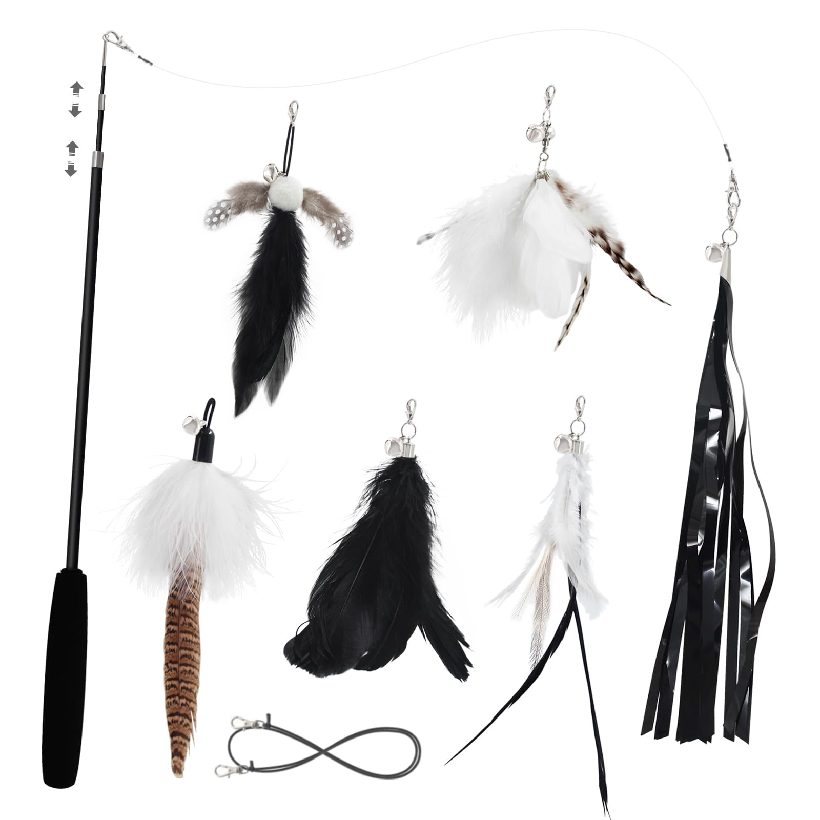 SONGWAY Cat Feather Wand Stick Toy - 7 Pcs Cat Feather Toys, 1 Retractable Teaser Wand with 6 Tassel Dragonfly Cat Toy Refills, Interactive Cat Toys for Indoor Cats Kittens, Black