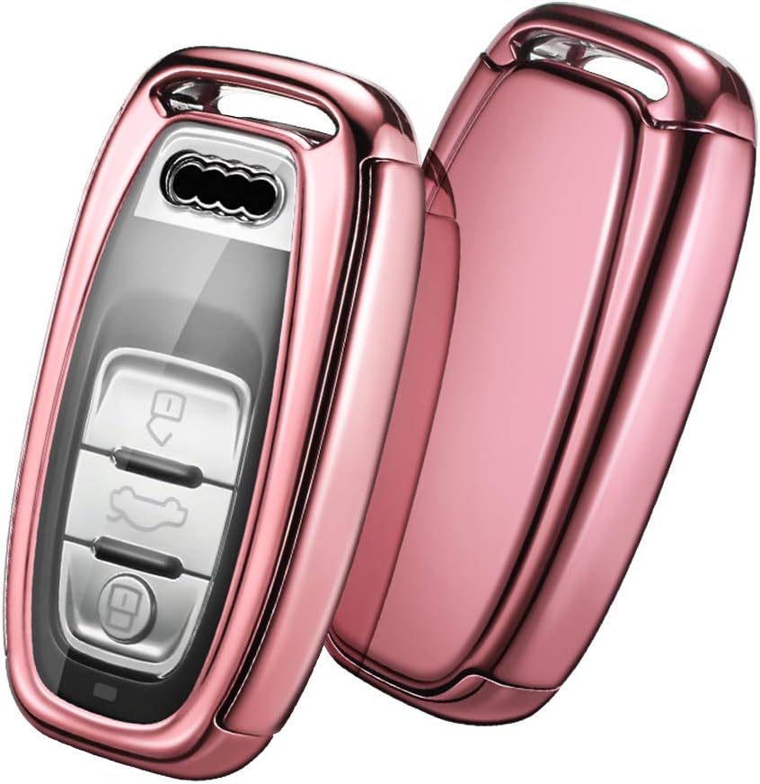 OATSBASF Car Key Cover Compatible with Audi,Suitable for Keyless Operation Keys Audi A4 A5 A6 A7 Q5 Q7 Q8 RS SQ TPU Silicone 3 Buttons Case Box (Rose Gold)