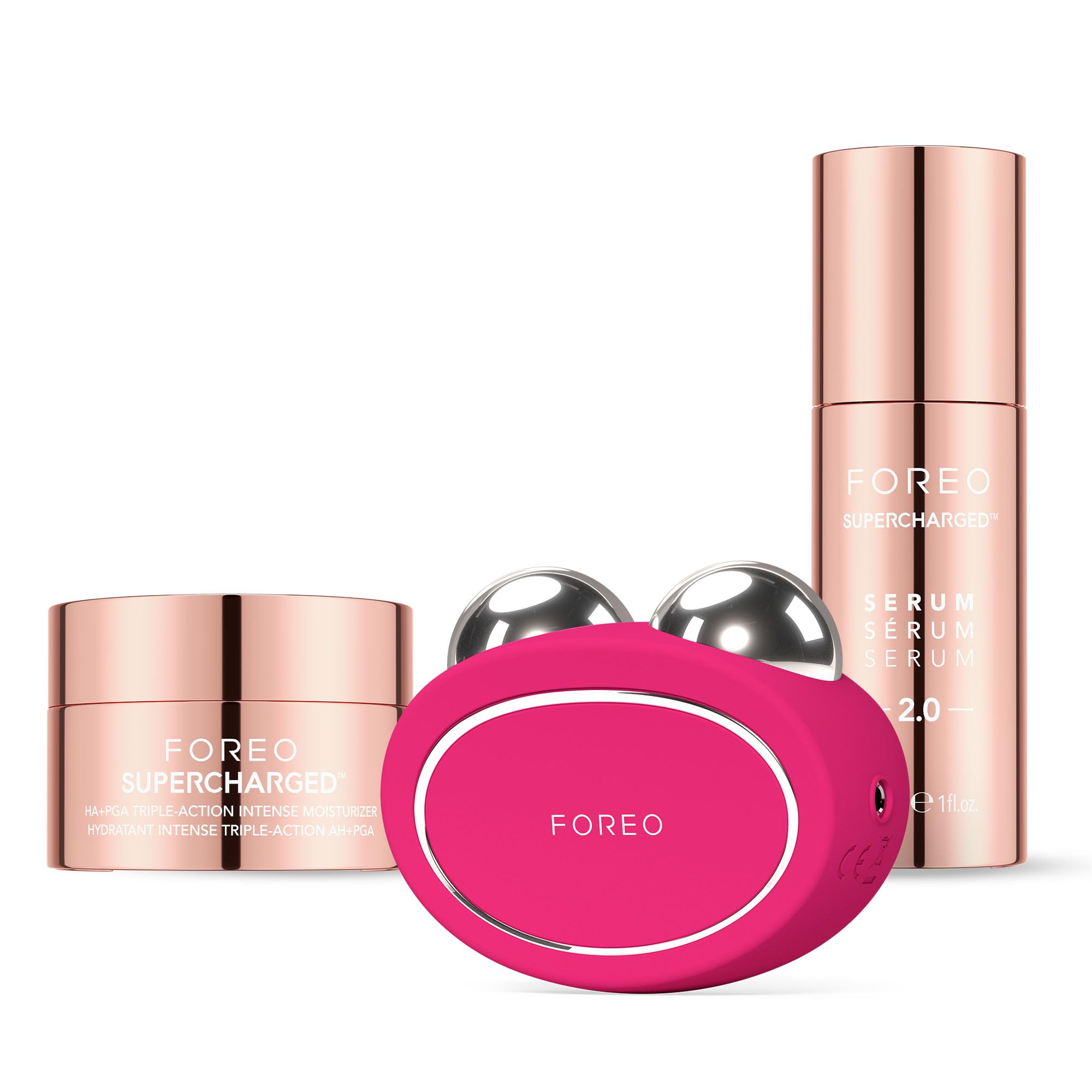 FOREO Total Facelift Bundle - Bear 2 Fuchsia Advanced Microcurrent Facial Device + Supercharged SERUM 2.0 30 ml + Supercharged HA+PGA Triple Action Intense Moisturizer 50 ml-Anti Aging-Skincare Tools