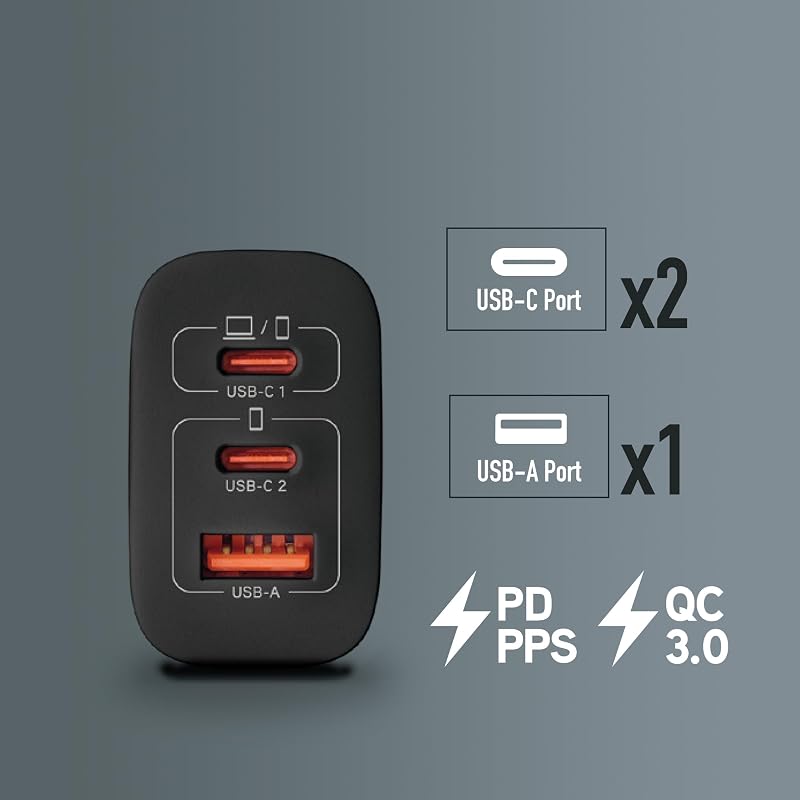 Carregador de parede Bud 65W - 65W GAN, 3 portas: 2 USB-C + USB-A