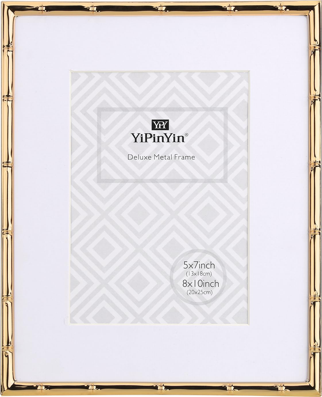YiPinYin 8x10''Bamboo Detail Gold Metal Picture Frame with Acid Free Mat for 5x7'',Narrow Plated Photo Frames 5 x7'' With Soft Touch Velvet Backing for Desktop and Wall Décor