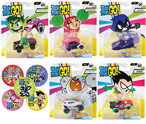 Teen Titans Go Hot Wheels Super Set Hero Pack Adventure Cartoon Toy Character Car Pack with Action Stickers! Robin, Starfire, Raven, Beast Boy & Cyborg Bundle