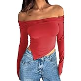 PEIARA Off Shoulder Tops Women: Long Sleeve Crop Top Shirts Going Out Y2k Asymmetrical Fall 2024 Cute Slim Fit Clothes