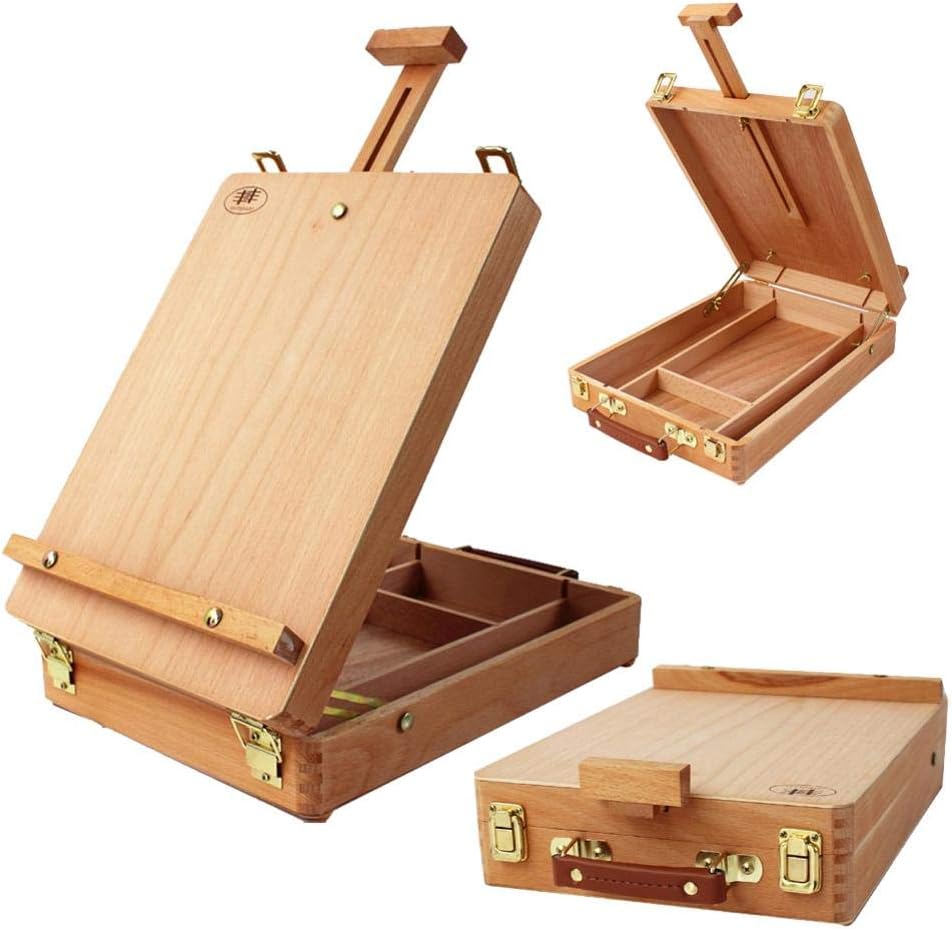 Futureshine Small Adjustable Wood Table Sketchbox Easel, Premium Beechwood - Portable Wooden Artist Desktop Storage Case - Store Art Paint, Markers, Sketch Pad - Student Drawing, Painting