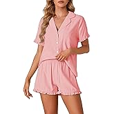 Vrtige Women's 2 Piece Cotton Pajamas Set Button Down Short Sleeve Top and Shorts PJs Set Sleepwear