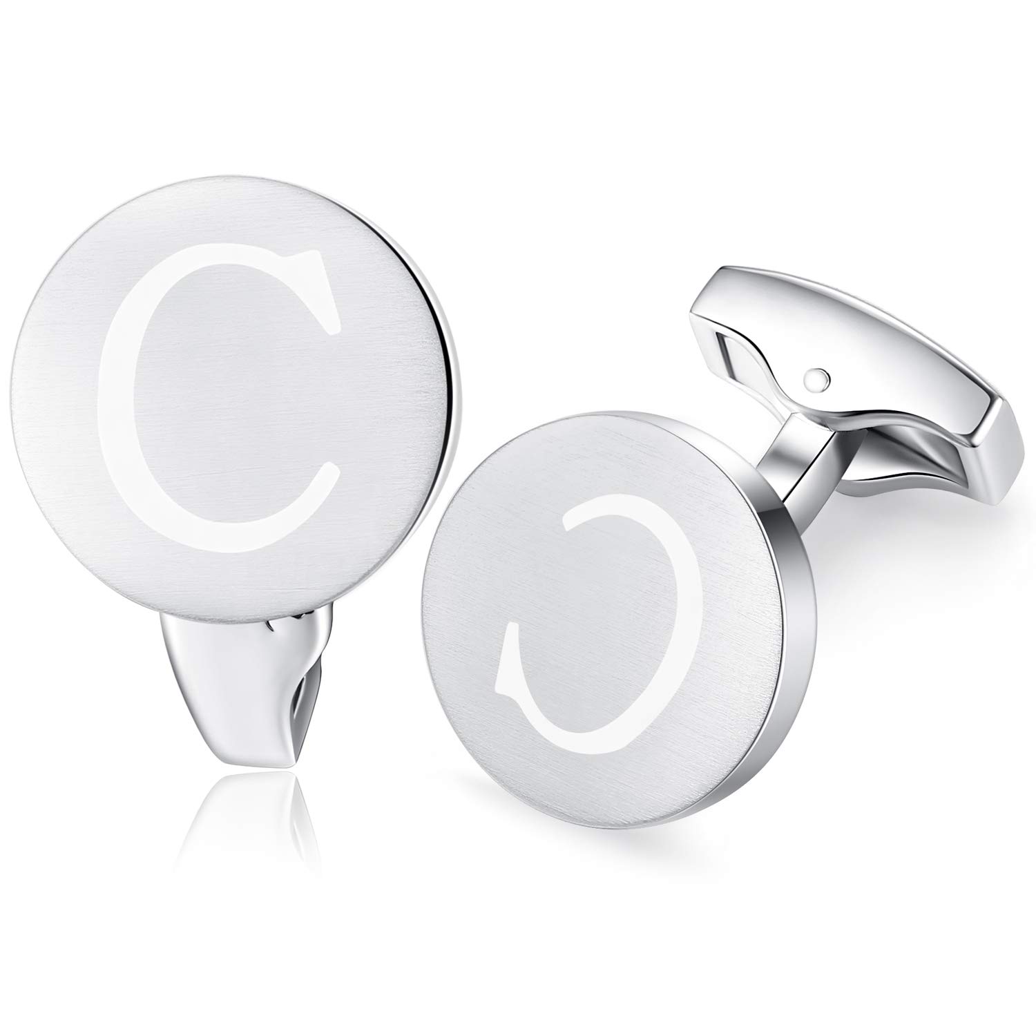 HONEY BEAR Initial Alphabet Letter Cufflinks for Men, Brushed Silver Round Shape Wedding Business Cufflinks, A - Z (C)