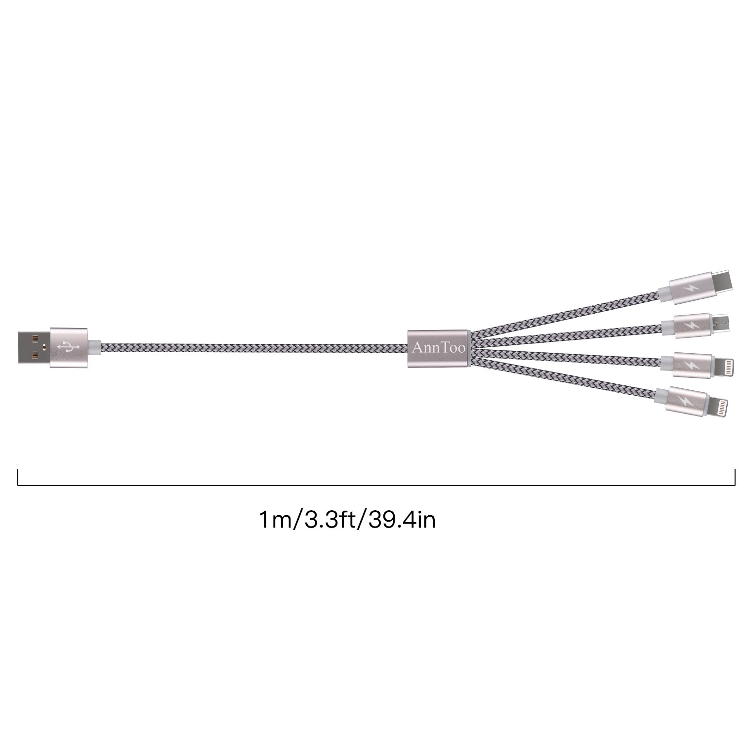 AnnToo 3.3 FT 4 in 1 Multi USB Charging Cables Nylon Braided for Mobile Devices Charging - Grey