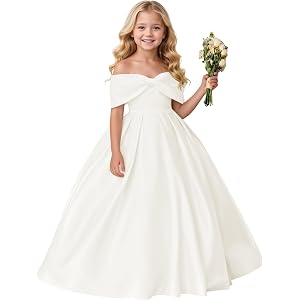 SXZRF Satin Flower Girl Dress for Wedding Off Shoulder Girls Formal Dress | Bowknot Junior Bridesmaid Dresses for Wedding A L