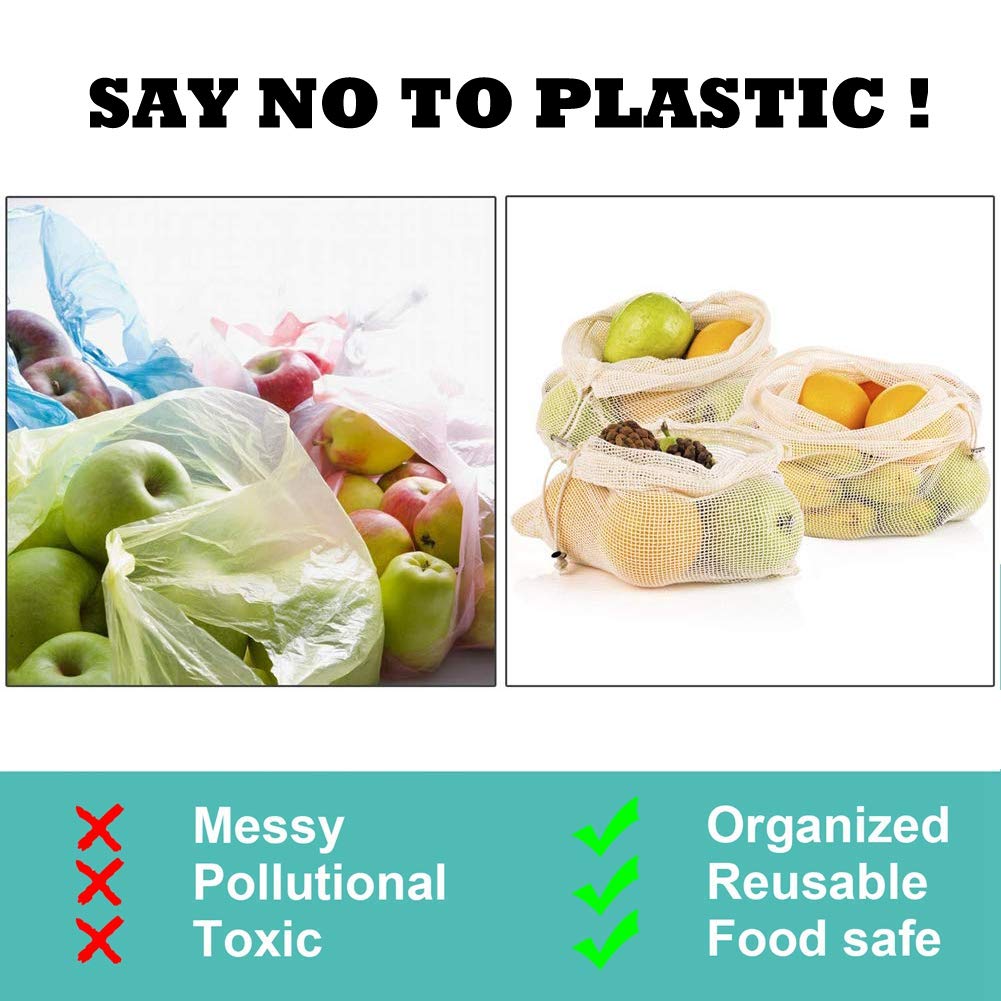 Reusable Produce Bags,Eco Friendly Biodegradable Natural Cotton Mesh Grocery Bag Washable Muslin Vegetable Bags Fruit Double Stitched Seams