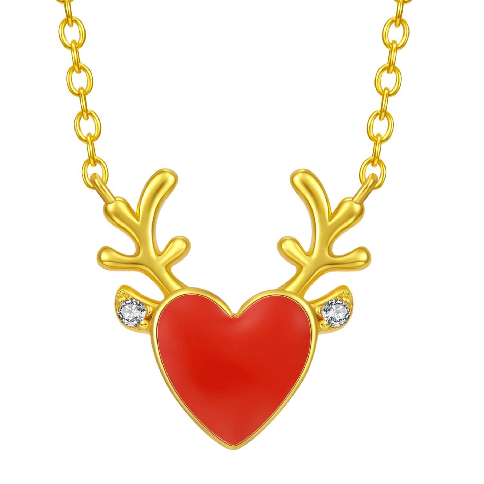 Qings Heart Reindeer Pendant Necklace Red Love Shaped Gold Plated 925 Sterling Silver Sparkling Zircon Adjustable Chain for Women Girls Girlfriend Daughter Friends
