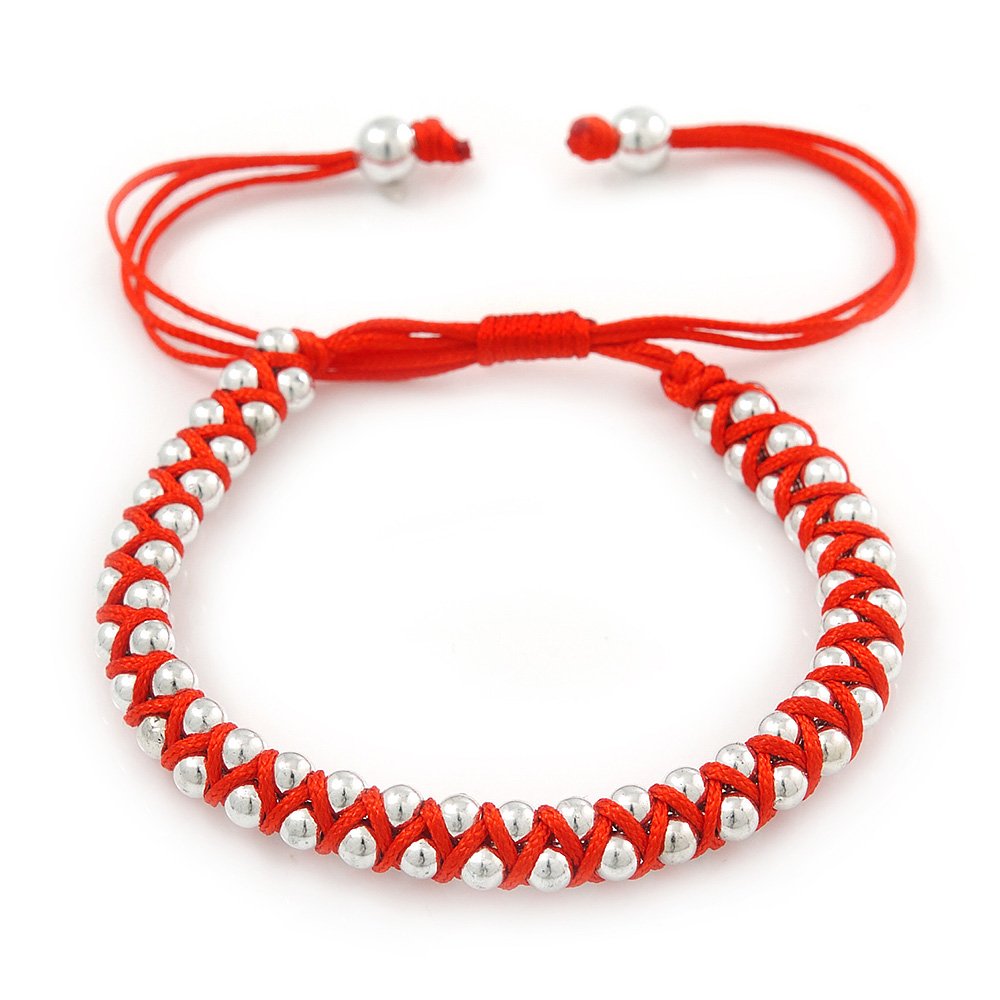 Avalaya Bright Plaited Red Silk Cord With Acrylic Silver Tone Bead Friendship Bracelet/Adjustable