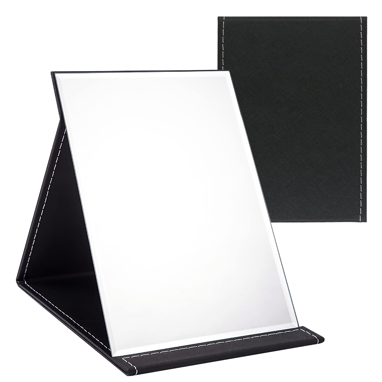 OWLKELA 16x12cm Portable Folding Mirror, Super HD Compact Makeup, Black PU Leather Travel, Free Standing Vanity, Tabletop Foldable