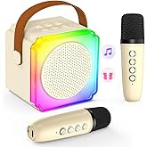 Mini Karaoke Machine for Kids Adults, TOP Toy Gift Bluetooth Karaoke Speaker with 2 Wireless Microphones, LED Party Lights, AUX/USB/TF- Christmas Birthday Gifts for Girls Boys Ages 3-12+, Beige