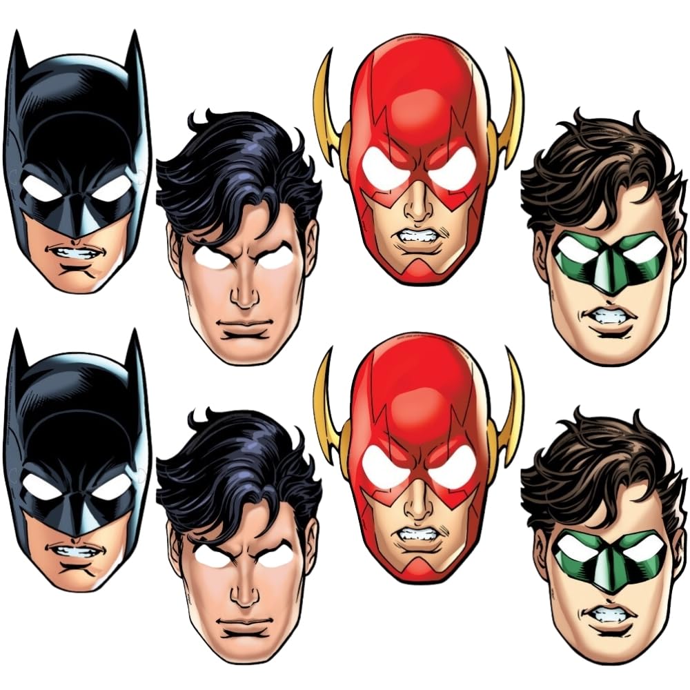 Justice League Multicolor Party Paper Masks - Pack of 8 (4 Assorted Styles) - Ideal for Kids and Adults Superhero Themed Parties
