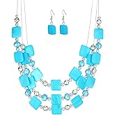 Layered Beaded Statement Necklaces for Women Square Shell Bead Collar Necklace and Earring Set Birthday Gifts Boho Jewelry Sets for Women