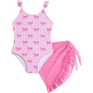 WDIRARA Toddler Girl's Bow Cut Out One Piece Swimsuits with Cover Up Skirts 2 Piece Bathing Suit