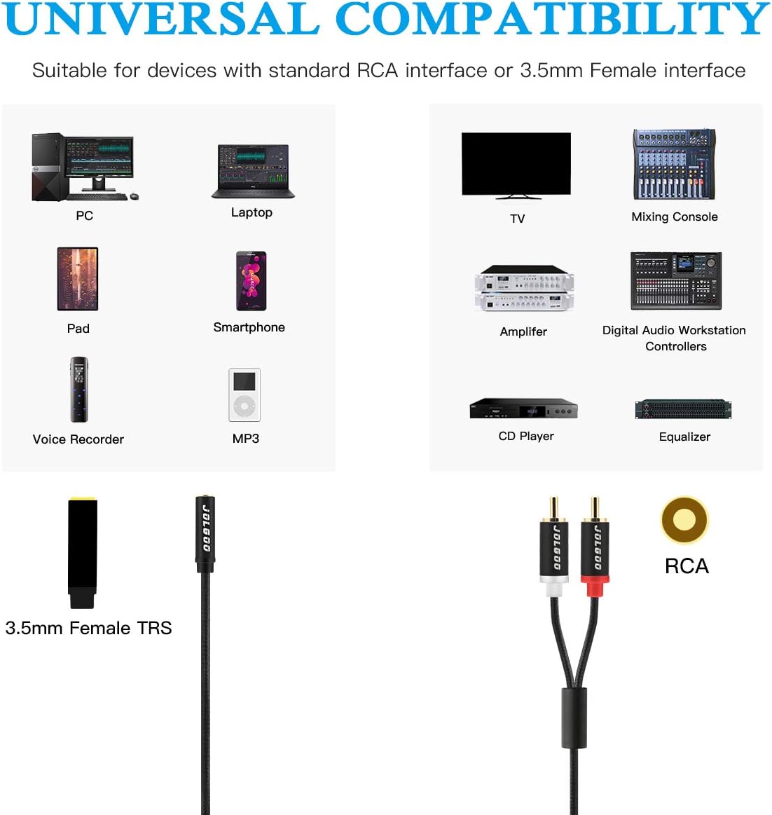 JOLGOO 3.5 mm Female TRS to Dual RCA Stereo Breakout Cable, Black Nylon Braided, 3.5mm Female to 2 Male RCA Adapter Audio Stereo Cable, 16 Inch/40cm: Home Audio & Theater