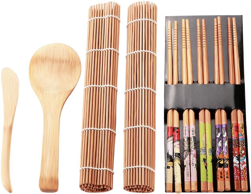 Borlai Bamboo Sushi Rolling Mat, Carbonized Sushi Making Kit 13 Pcs, Beginner Sushi Mat for Food